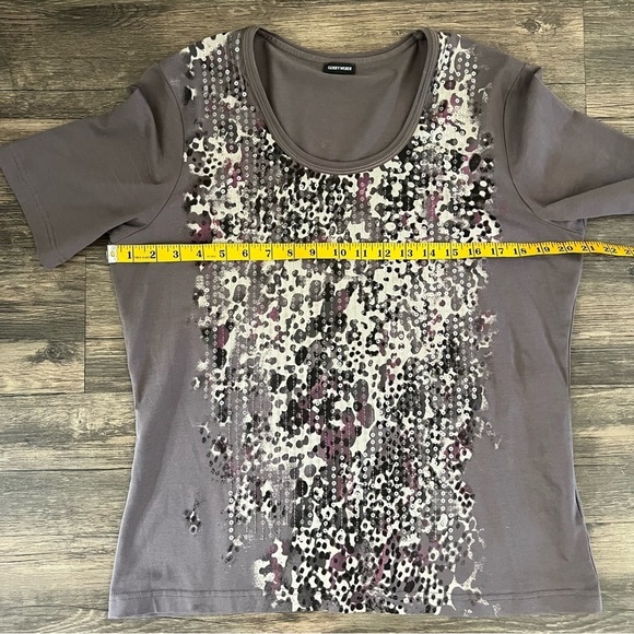 Gerry Weber Short Sleeves Brown Sequined Fitted Top Tee Shirt Sweetheart Neck L - Picture 12 of 12